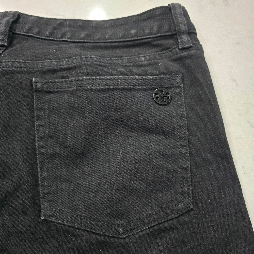 Tory Burch Super Skinny Jeans Black Denim Logo Hardware Womens Size 29